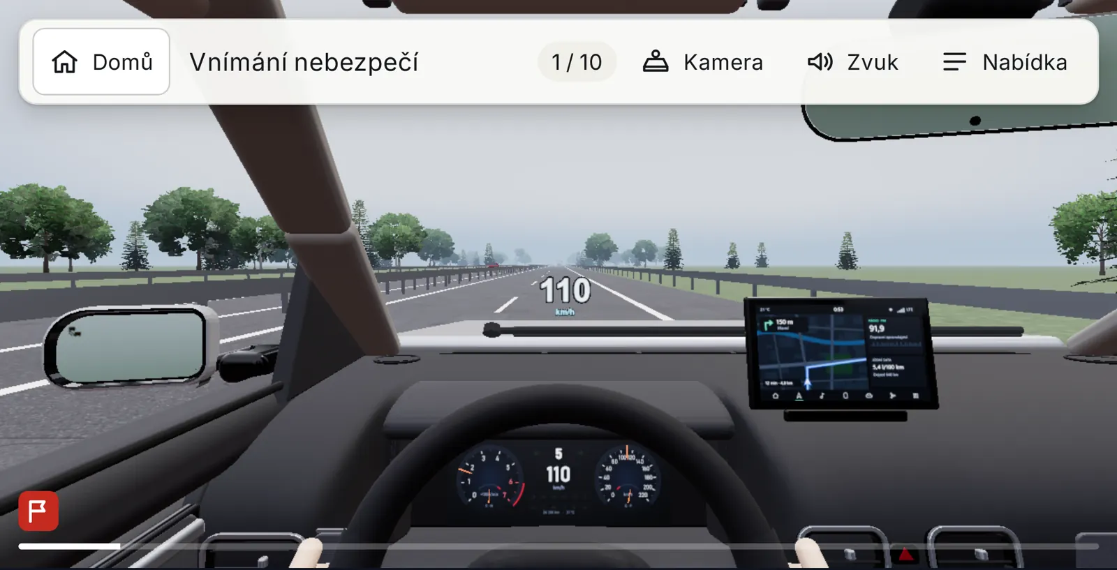 Vnímání nebezpečí: pohled z kabiny na dálnici při 110 km/h